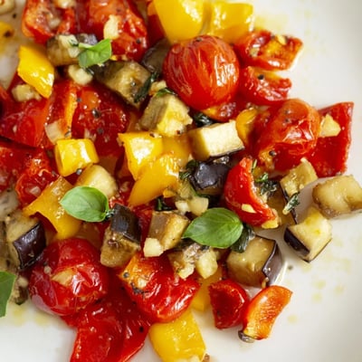 Classic Mediterranean roasted vegetables tossed with fresh basil and olive oil
