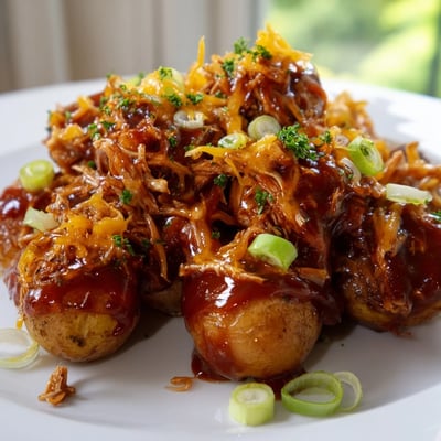 Sizzling honey BBQ chicken over crispy potatoes with bubbly cheese and green onions
