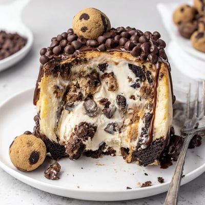 A slice of Chocolate Chip Cookie Dough Cheesecake showing creamy filling and mini chips