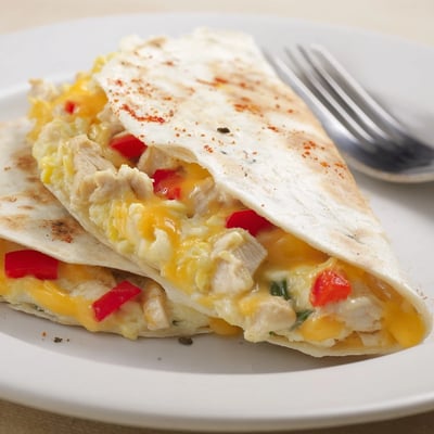Sliced Chicken Breakfast Quesadilla served with avocado and smoky salsa for dipping.