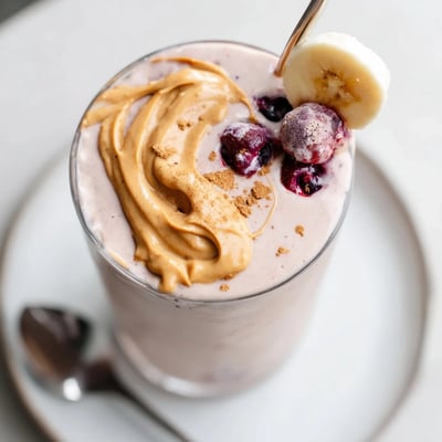 Thick High Protein Smoothie topped with berries, straw in glass, post workout