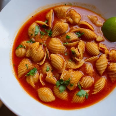 Sopa de conchas served hot with a bright lime wedge alongside crusty bread for dipping comfort