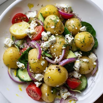 Golden halved potatoes tossed in potato and feta salad with dill