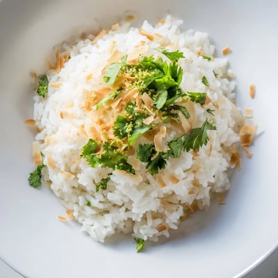 Fluffy coconut rice piled on a plate alongside vibrant Thai green curry