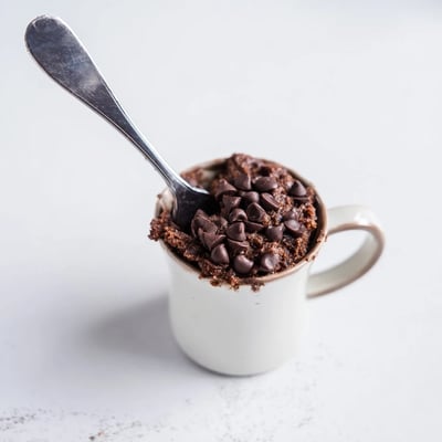 Moist single serve gluten free chocolate mug cake ready for a quick sweet dessert fix.